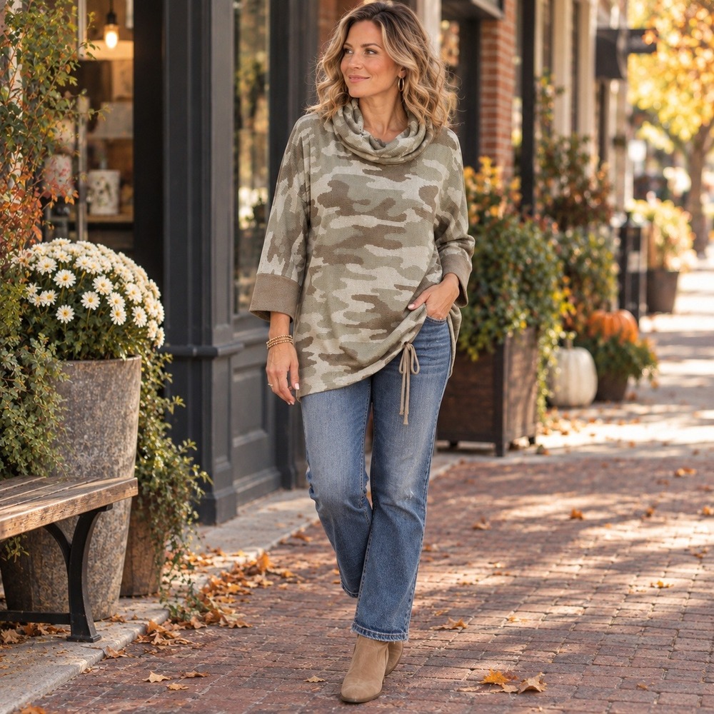 OVLA Anthropologie Camo Sweater Tunic Cowl Neck Drawstring Hem Women's Medium